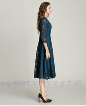 A5417☆新品大きいサイズ レディース ゆったり パーティー 結婚式 二次会 異素材 花柄レース切替 ドレスワンピース ブルー 2L_画像6