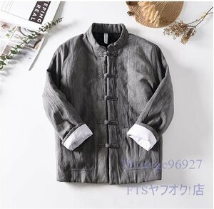 T814☆新品中綿リネンジャケット チャイナジャケット 秋冬服 メンズ ブレザー*ブルゾン*トップス 太極拳服 武術 民族風 グレー XL