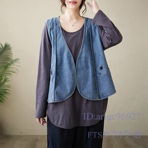 A2642☆新品カジュアル ゆったり大きいサイズ 無地 長袖Ｔシャツ+デニムベスト 2点セット ブラウス L~XL 紫