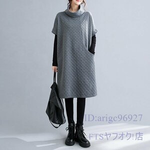 A2736☆新品カジュアル オシャレ ハイネック 無地 ゆったり大きいサイズ チュニック ひざ丈スカート L~XL 灰