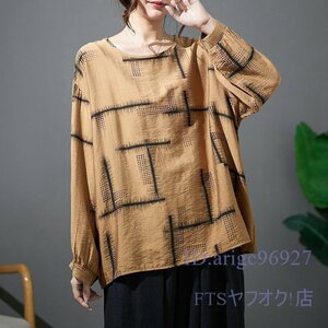 A2790☆新品カジュアル オシャレ ゆったり大きいサイズ 復古 プリント 長袖 シャツブラウス L~XL コーヒー