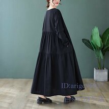 A2819☆新品オシャレ ナチュラル コットンリネン 無地 綿麻 長袖マキシロングワンピース L～XXL 黒_画像2