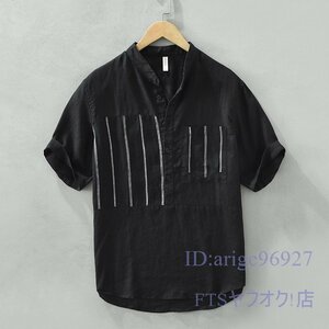 A2425☆新品半袖シャツ 上質 リネンシャツ メンズ Tシャツ 亜麻 切り替えボーダー 夏 サマー 半袖シャツ 麻シャツ 心地良しＭ～3ＸＬ 黒