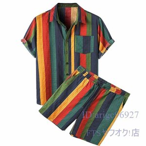 A2192☆新品ジャージ メンズ セットアップ 上下セット 夏服 半袖シャツ ハーフパンツ ボーダー柄 通気 吸汗 快適 S~3XL