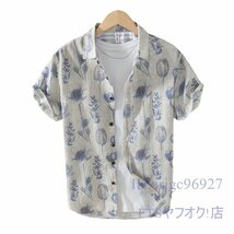 A2202☆新品半袖シャツ 上質 リネンシャツ メンズ Tシャツ 総柄 夏 サマー 半袖シャツ アロハシャツ 心地良しＭ～3ＸＬ ベージュ系_画像2