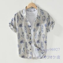 A2202☆新品半袖シャツ 上質 リネンシャツ メンズ Tシャツ 総柄 夏 サマー 半袖シャツ アロハシャツ 心地良しＭ～3ＸＬ ベージュ系_画像1