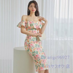 A2211☆新品レディースワンピース sexy 可愛い お呼ばれドレス 美尻美胸美脚 花柄 プリント ピンク