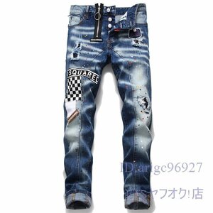 T098☆新品メンズジーンズカジュアルパンツデニムパンツジーパンスキニーパンツGパンダメージロング丈ストレッチブルーW36