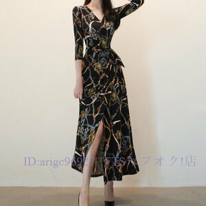 A5007☆新品魅惑Style セクシー　リボンベルト付*カシュクール*スリット入*スカーフ柄*総柄*Vネック*ロングワンピース