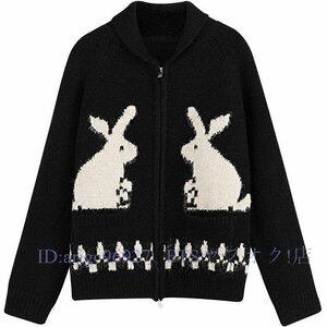 A5356☆新品織り込みウサギ模様 着映え セーター おしゃれ レディース ゆったり チュニック 暖かい ブラック