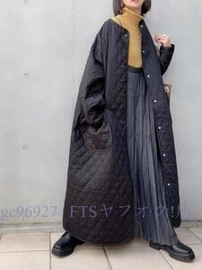 A5064☆新品キルティングのマキシ丈コート黒 大きいサイズ もOKなフリーサイズ 中綿あったかコート