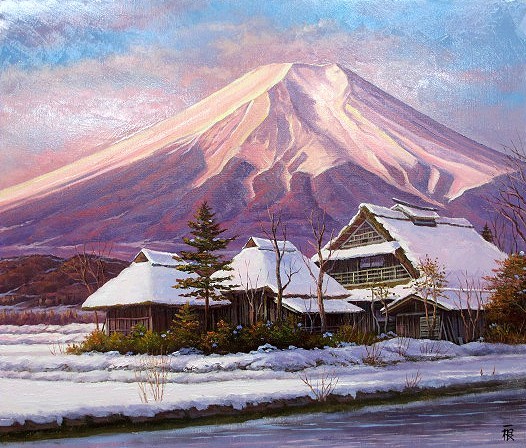 絵画 インテリア 絵 額付 (白) 油絵 F4-272023 風景 雪国 はざ木 油彩画 洋画 (油絵額縁付きで納品対応可) F10号 「赤富士 忍野