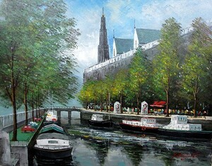 油彩画 洋画 (油絵額縁付きで納品対応可) F6号 「アムステルダムの運河」 中島 達幸