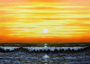 油彩画 洋画 (油絵額縁付きで納品対応可) F10 「朝焼けの海」 朝隈 敏彦