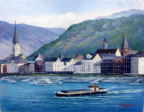 油彩画 洋画 (油絵額縁付きで納品対応可) F8号 「ライン川の古都」 中島 達幸