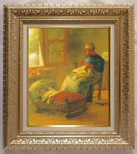 絵画 複製名画 額縁付(MJ108N-G) ジャン・フランソワ・ミレー 「眠った子の傍らで編み物をする女」 F6号 世界の名画シリーズ プリハード