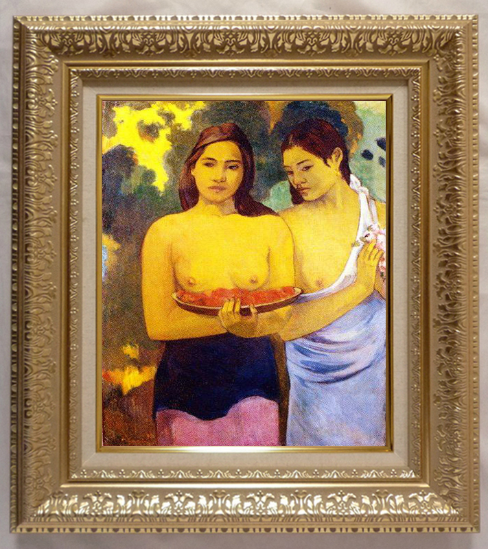 Painting Masterpiece Reproduction with Frame (MJ108N-G) Paul Gauguin Two Tahitian Women (Red Flowers and Breasts) No. F6 World Famous Paintings Series Prehard, artwork, painting, others