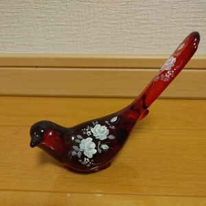 Fenton Art Glass Hand Painted Red with Flowers Bird フェントン ガラス レッド バード-手塗り花柄、サイン入り 置物