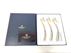 4561【未使用品☆MIKIMOTO/ティースプーン】ミキモト パール付き ゴールド/シルバー系 デザートスプーン リボン 3本◇箱付き 現状品