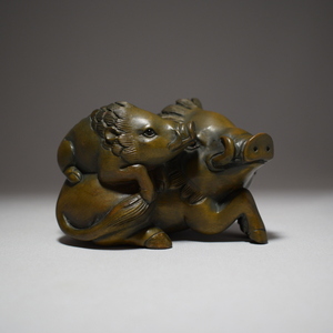 猪 インテリア 置物 彫刻 木製 イノシシ 【e1-1-34】