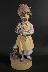 DOLFI　イタリア製 木彫り 人形 24cm　ドルフィー 少女 フィギュア 花　犬