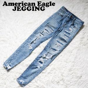 アメリカンイーグル/American Eagle JEGGING ジェギング スキニーデニムパンツ HI-RISE クラッシュ加工 リペア ダメージ加工