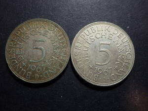 ドイツ１９６７年　DJ２種類　５マルク銀貨　約22.42ｇ　コレクター放出品