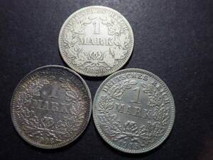 ドイツ　１マルク銀貨３種類　1876.1908.1915年　約16.32ｇ　コレクター放出品