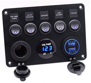 12V 24V 対応 防水 スイッチ パネル デュアル シガー ライター ソケット 2.1A USB LED 電圧計 付 ランプ ライト ブルー 青 KRB010