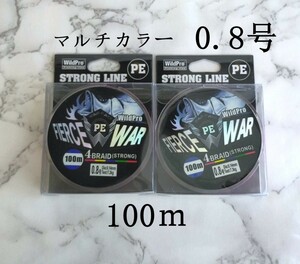 2個セット PE ライン 0.8号 100ｍ マルチカラー 5色 4本編み 四つ編み 釣り糸 タイラバ ジギング 100メートル