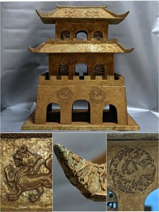 中国 古玩 鐘鼓楼 天然石 彫金 翡翠 麒麟 龍 鳳凰 高70cm 幅62cm 奥46cm 重さ約50kg