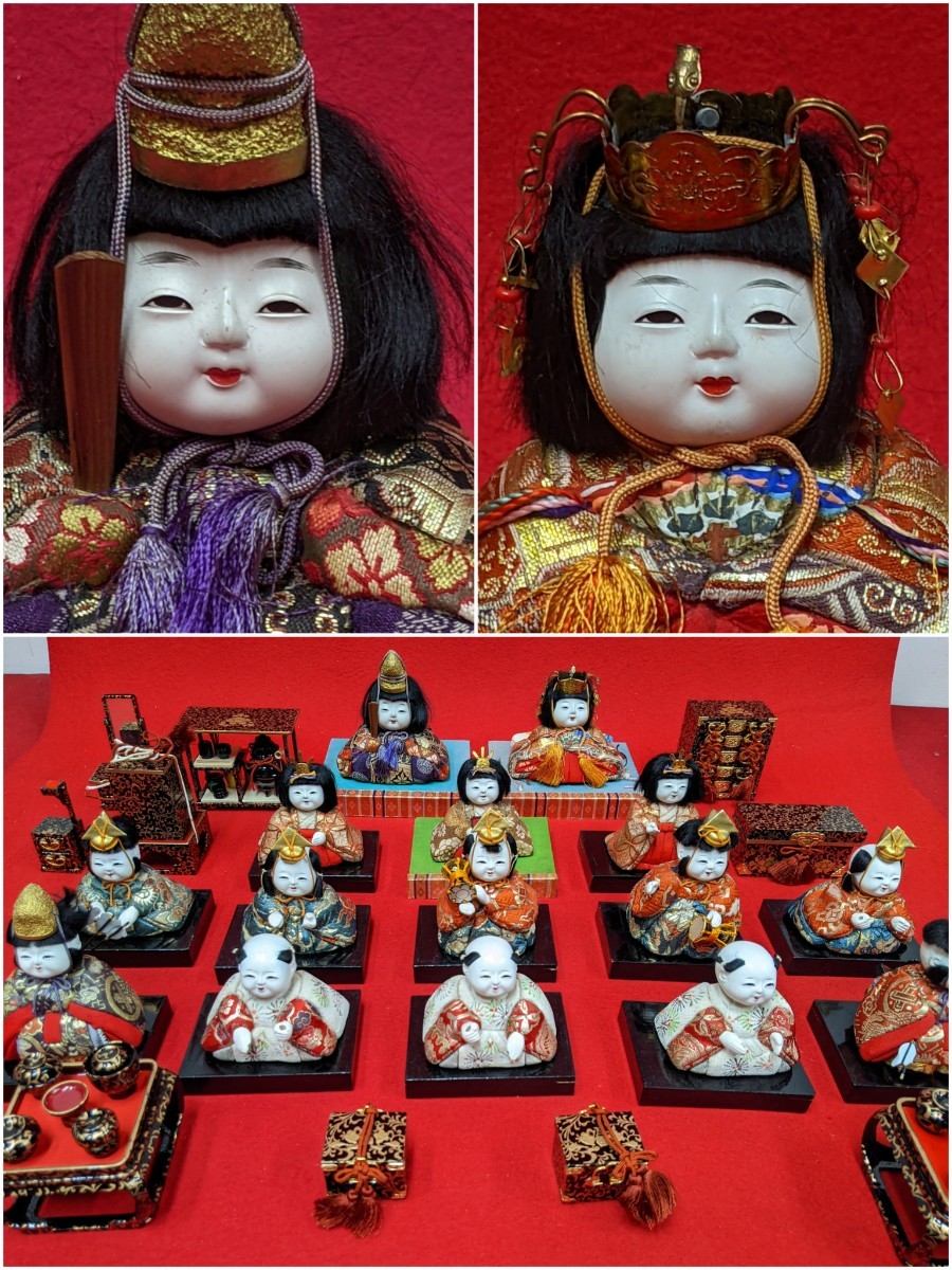 Hina dolls, Kimekomi dolls, antique 15-person decoration, gorgeous Hina utensils, Tonohime height approx. 10cm, three-person court lady, five-person musical accompaniment, etc. approx. 8-9cm, season, Annual event, Doll's Festival, Hina doll