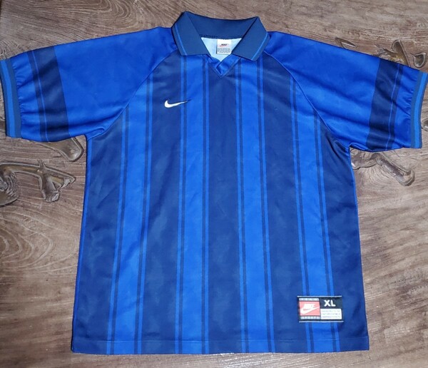 [値下げ交渉] 1998年 NIKE ゲームシャツ ブルー × ダークネイビー 銀タグ MADE IN UK 検)TEMPLATE STRIPE JERSEY BLUE DARK NAVY 青 濃紺