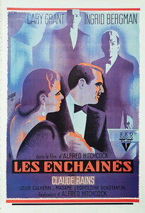 映画ポスター、『汚名』LES ENCHAINES,仏版イラスト大判ポスター、,A・ヒッチコック監督、E・バーグマン、C・グラント、61.0x91.5cmサイズ