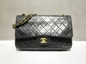 CHANEL マトラッセ25 ダブルフラップ ラムスキン ブラック ゴールド金具 チェーンショルダーバッグ シリアルシール有り 