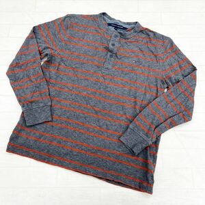 1345◎ TOMMY HILFIGER トミー ヒルフィガー トップス トレーナー クルーネック ハーフボタン 長袖 ボーダー グレー メンズM