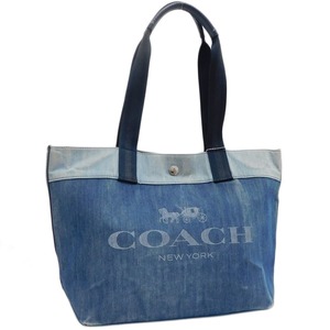 1円 ■ 美品 コーチ トートバッグ 91131 デニム×レザー ブルー系 通勤 通学 お洒落 COACH ■E.Bmm.zE-7