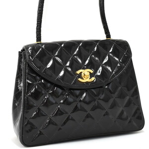 1円 ◎美品 CHANEL シャネル ショルダーバッグ ミニマトラッセ ココマーク ターンロック エナメル ブラック◎E.Crue.oR-17