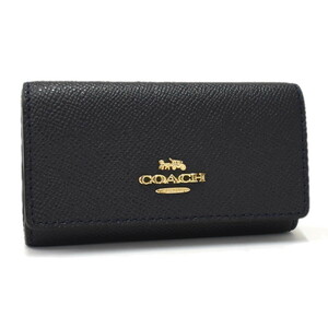 1円 ◆美品 COACH コーチ 6連キーケース キーリング 58359 クロスグレインレザー ネイビー◆E.Bss.s1-24