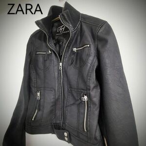 SALE！zara ザラ☆フェイクレザージャケット 上質 ヴィーガンレザー ライダース風 リブネック ブラック カジュアル 