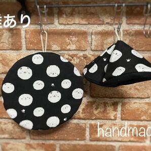 難あり☆ハンドメイド☆三角鍋つかみ&鍋敷きセット☆猫柄ドット