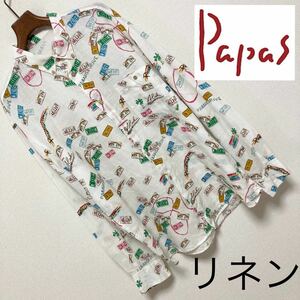 美品■Papas パパス■麻 リネン ナンバープレート 総柄 BD アロハシャツ