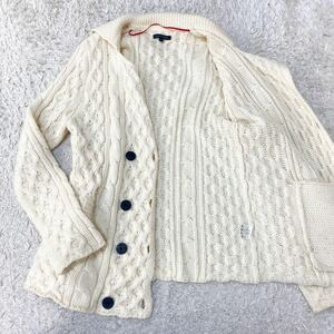 未使用級!L相当!トミーヒルフィガー TOMMY HILFIGER カーディガン ニット ダブルブレスト ケーブル織 M メンズ 3D刺繍 ストレッチ ホワイト