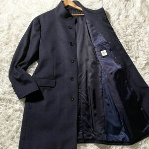 1879ヤ1 極美品 ランバンオンブルー スタンドカラーコート カシミヤ素材 lanvin ビジネス 通勤 美シルエット 英国調 52=XL ネイビー