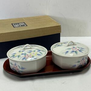 【中古】未使用 庫山窯 白磁 山茶花 (さざんか) 盆蓋物揃 口径(約)12cm×高さ(約)7cm 長期保管品◆M0557