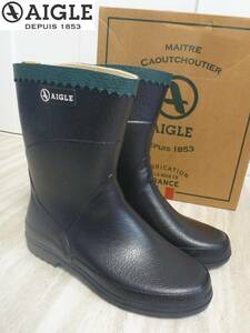 15400円 新品 AIGLE　イーグル　紺×緑×茶　レインブーツ　防水　37　24㎝