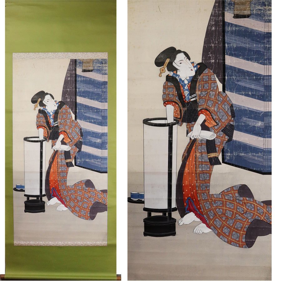 Gen [Cómpralo ahora, envío gratis] Período Edo Pintura antigua, Pintura de belleza Ukiyo-e Genroku a gran escala/con caja, Cuadro, Ukiyo-e, Huellas dactilares, Retrato de una mujer hermosa