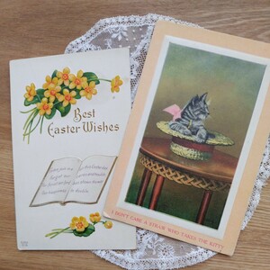 アンティーク　ポストカード　2枚セット　イースター　お花　帽子とネコ　猫イラスト