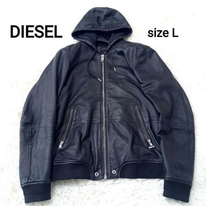 【1円】 DIESEL ディーゼル 羊革 ラムレザー リブ 切替え ジャケット フード付き ライダース パーカー メンズ L 黒 ドッキング 【美品】