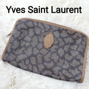 【1円】 Yves Saint Laurent イヴサンローラン セカンドバッグ クラッチバッグ PVC レザー カサンドラ ジラフ柄 ヴィンテージ YSL 総柄